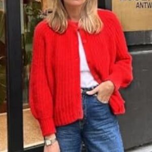 1) Wyeysyt Cardigan Sweater Open Front Chunky Soft Knit Sweater Button Down Red